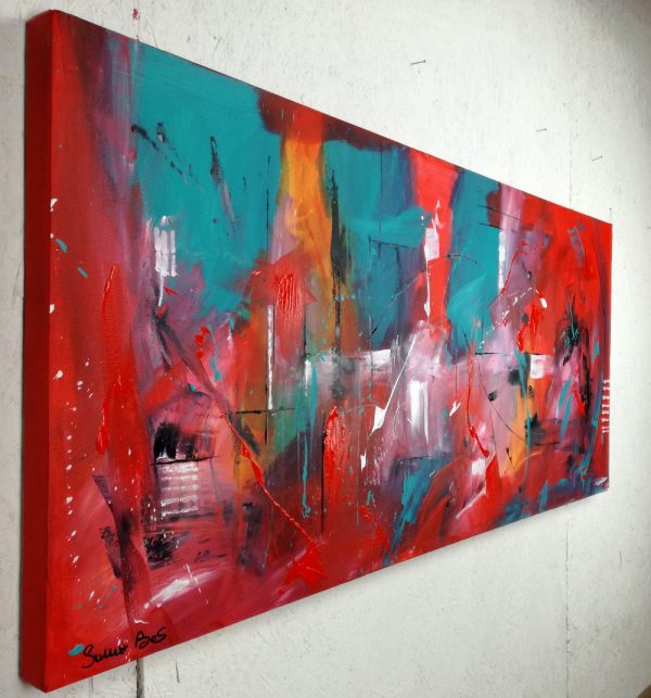 quadri astratti informali  per soggiorno nero rosso 150x65