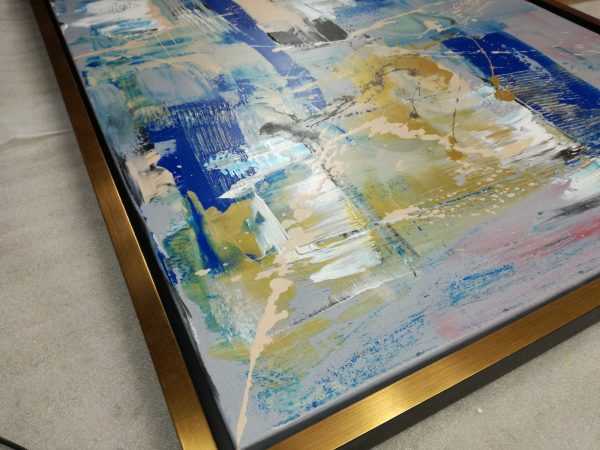 quadro blu astratto dipinto a mano su tela con cornice oro 120x70 - immagine 5