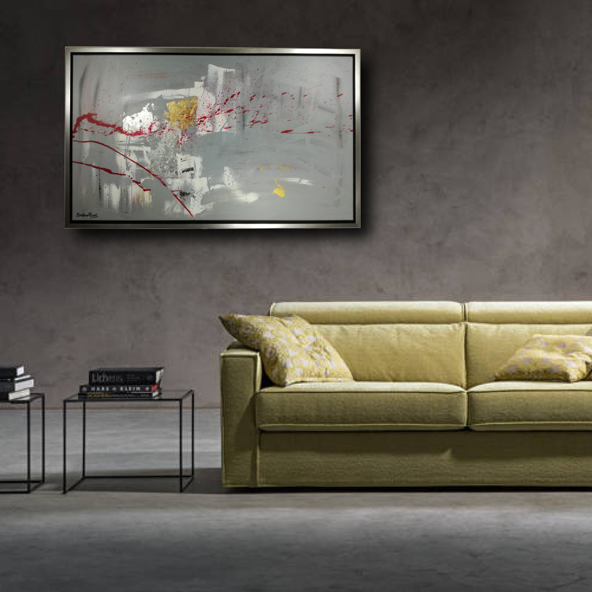 quadro moderno con cornice c424 - dipinto su tela con cornice argento 120x70