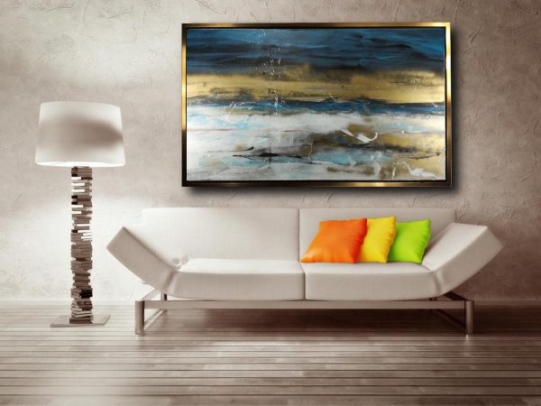 dipinto astratto 150x80 per soggiorno con cornice oro - immagine 3