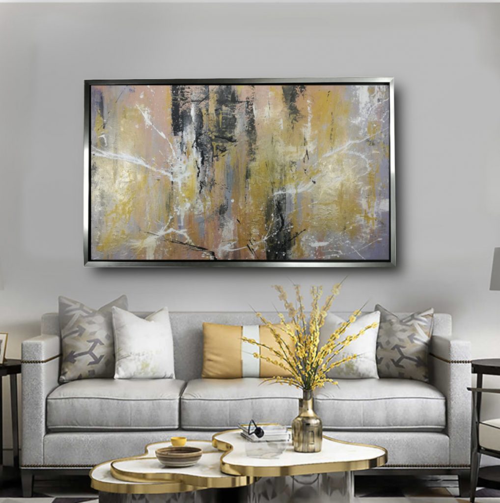 Quadro Astratto Moderno SDYA, Dipinto A Mano Su Tela, Grigio, 76x152 Cm, Con Cornice, Per Soggiorno - 2