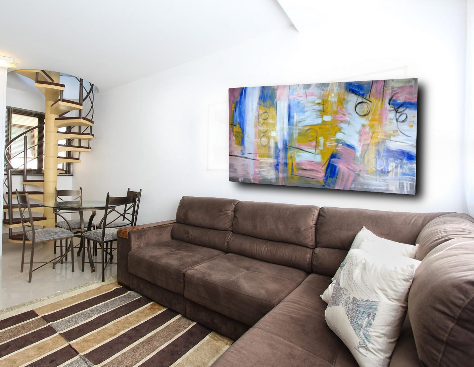 Quadro Tela Fiori Astratti 18meng - 200x100 Cm, Bianco E Oro, Decorazione Moderna Per Pareti