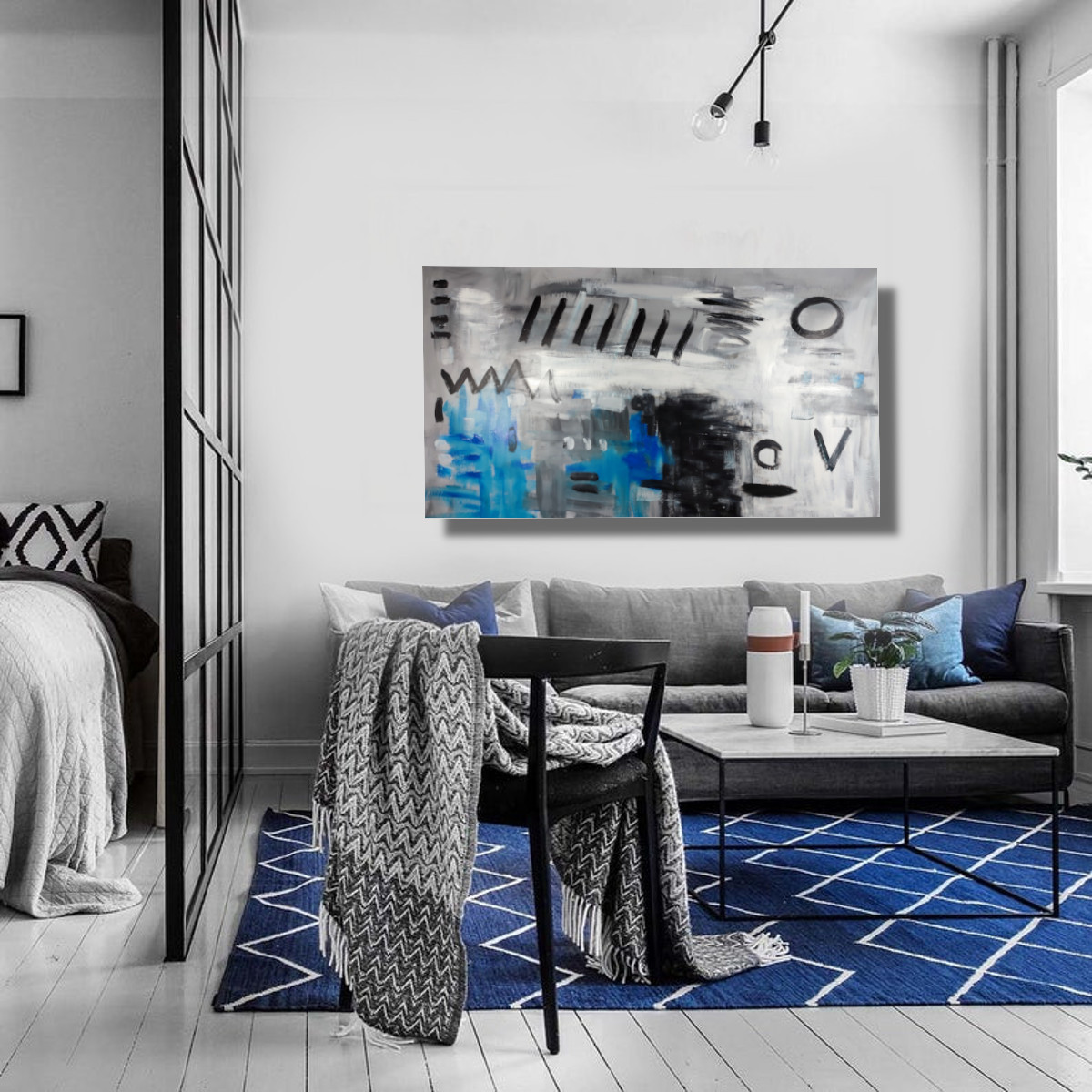 soggiorno blu quadro moderno c841 - Quali sono le tendenze attuali nel design dei quadri per il soggiorno?