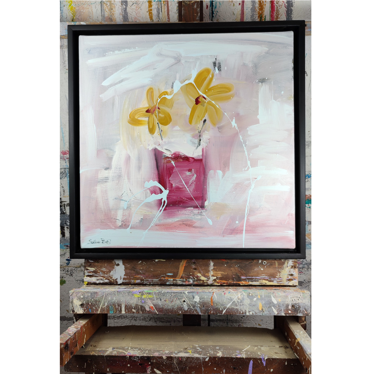 Quadro moderno dipinto a mano - Pink Flowers - Tecnica olio su tela pittura  in rilievo su tela