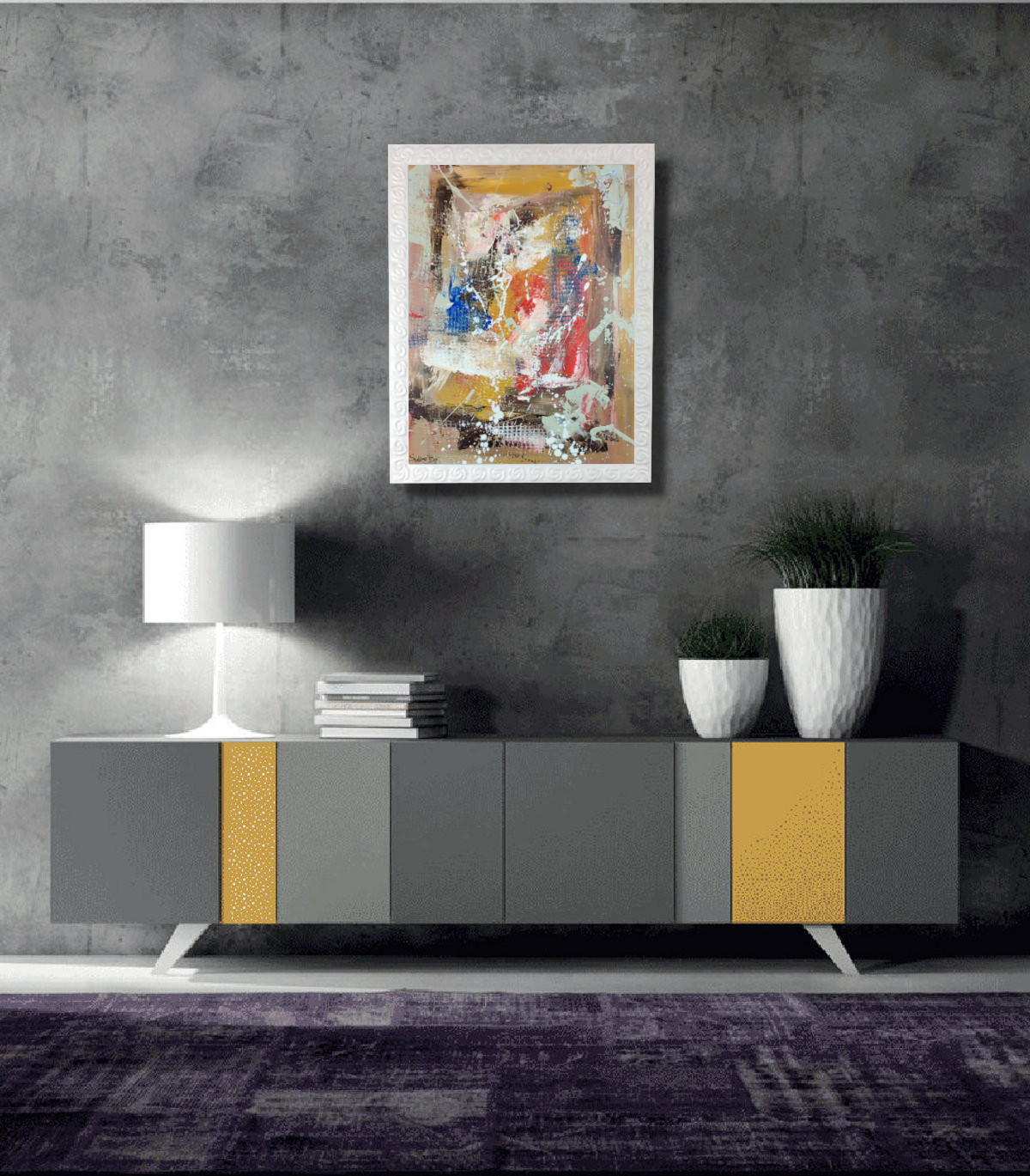 interior grigio za083 - dipinto a mano per soggiorno su tela 120x80