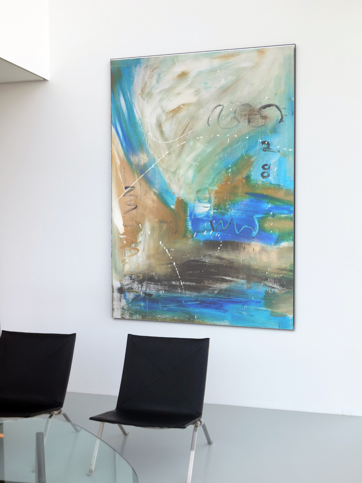 Quadro Astratto Moderno Beige e Blu per Soggiorno Elegante | Arte Contemporanea su Tela-c887) - immagine 3