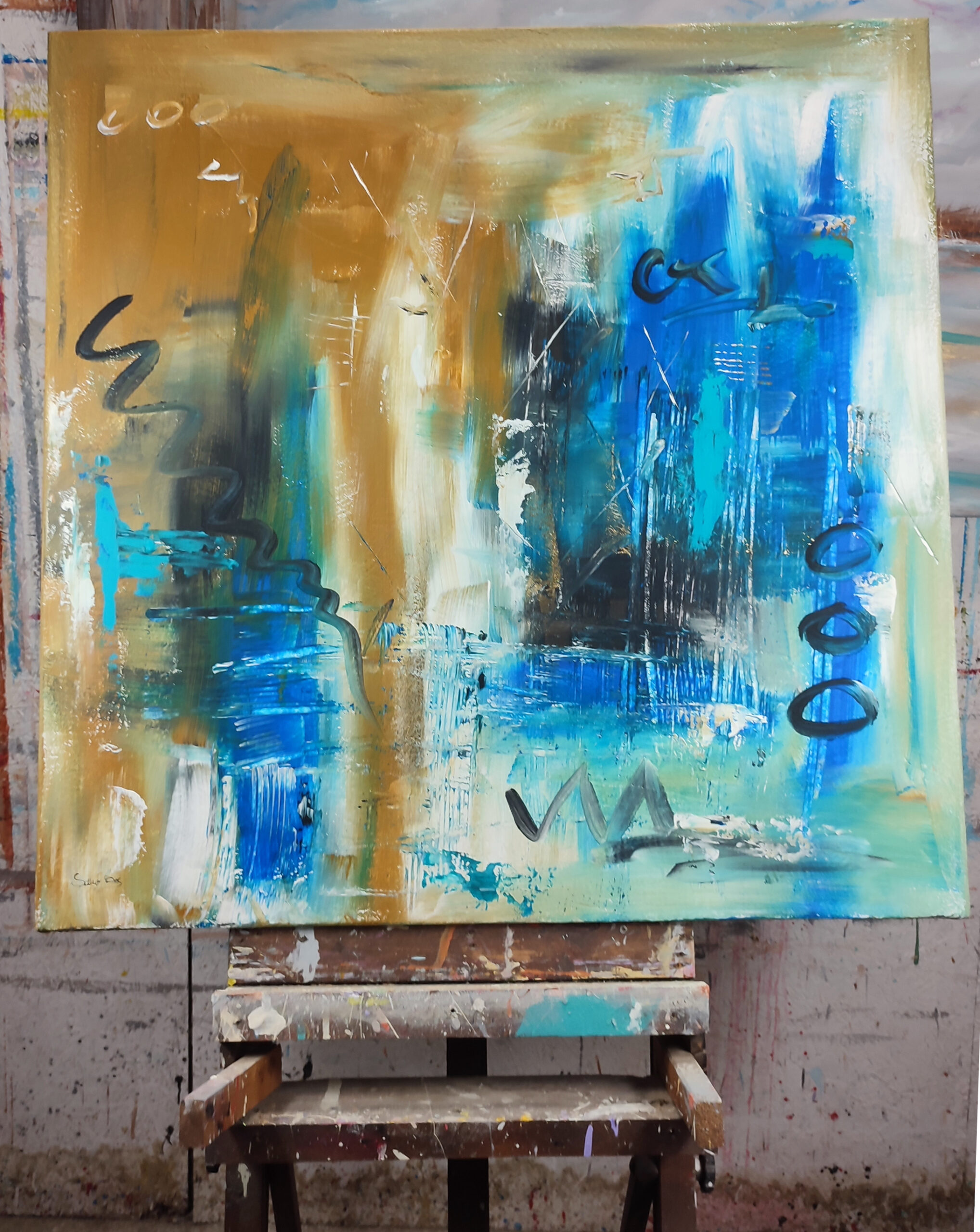 Quadro Astratto Moderno Beige e Blu per Soggiorno Elegante | Arte Contemporanea su Tela-c886) - immagine 3